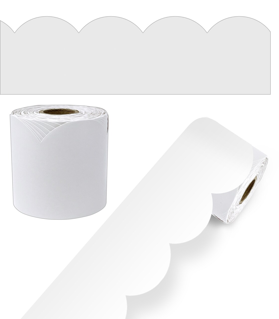 Carson Dellosa 65Ft of White Bulletin Board Borders, 1 Roll of Scalloped Paper Trim for Whiteboard, Cork and Posterboard, Party, Office Decorations, and Classroom Decor